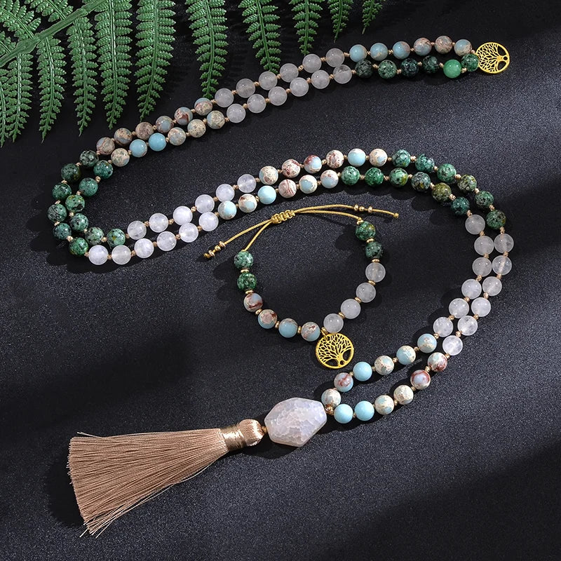 Weiße Steine &amp; Afrikanischer Türkis Mala – 108 Perlen Knotenmeditationskette