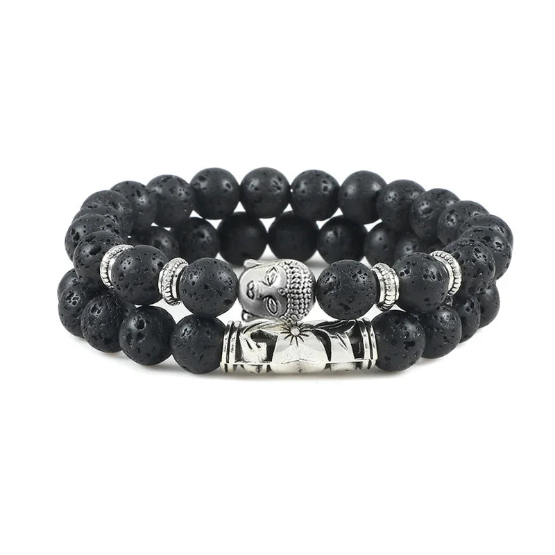 2er-Set Buddha-Armbänder – Tigerauge &amp; Lavastein für Paare (8 mm Perlen)
