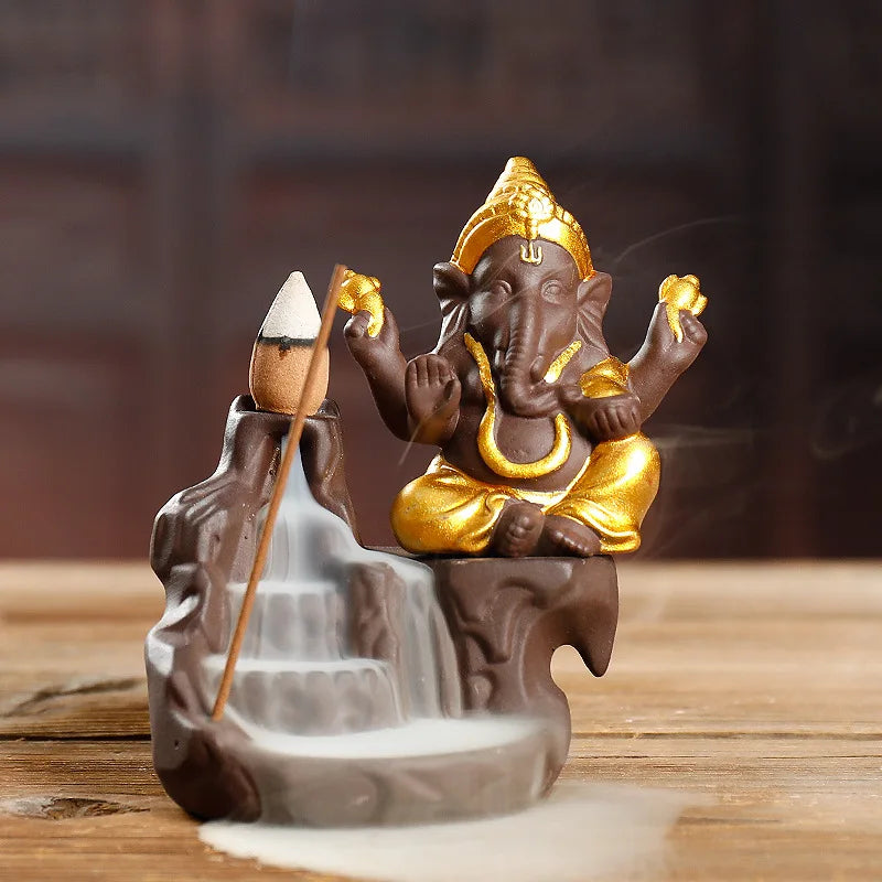 Rückfluss-Räuchergefäß „Elefant &amp; Ganesha“ – Zen-Dekor aus Keramik für Zuhause &amp; Teezeremonie