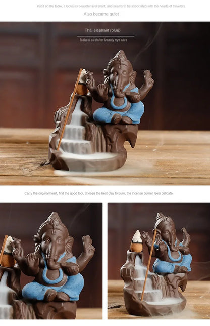 Rückfluss-Räuchergefäß „Elefant &amp; Ganesha“ – Zen-Dekor aus Keramik für Zuhause &amp; Teezeremonie