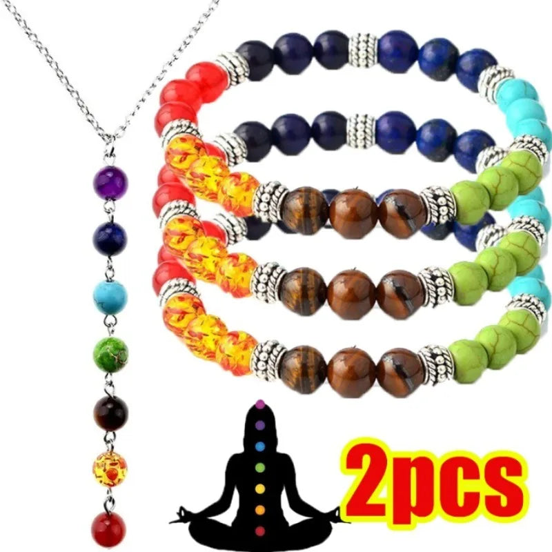🌈 7 Chakra Reiki Perlen-Anhänger-Halskette &amp; Armband Set - Energie &amp; Heilung 🧘‍♀️