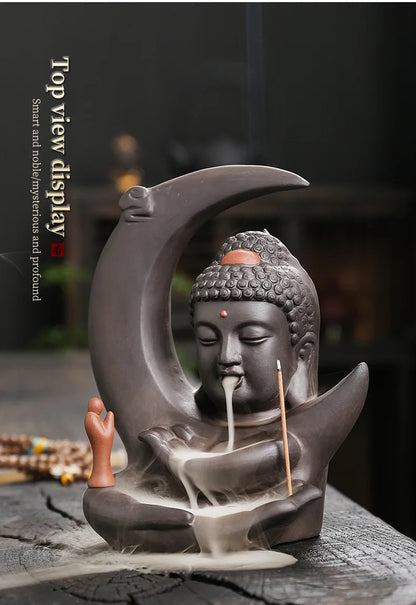 🌙 Handgefertigter Räuchergefäß aus lila Ton mit Mond- &amp; Buddha-Design 🧘‍♀️