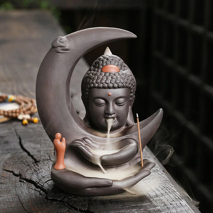 🌙 Handgefertigter Räuchergefäß aus lila Ton mit Mond- &amp; Buddha-Design 🧘‍♀️