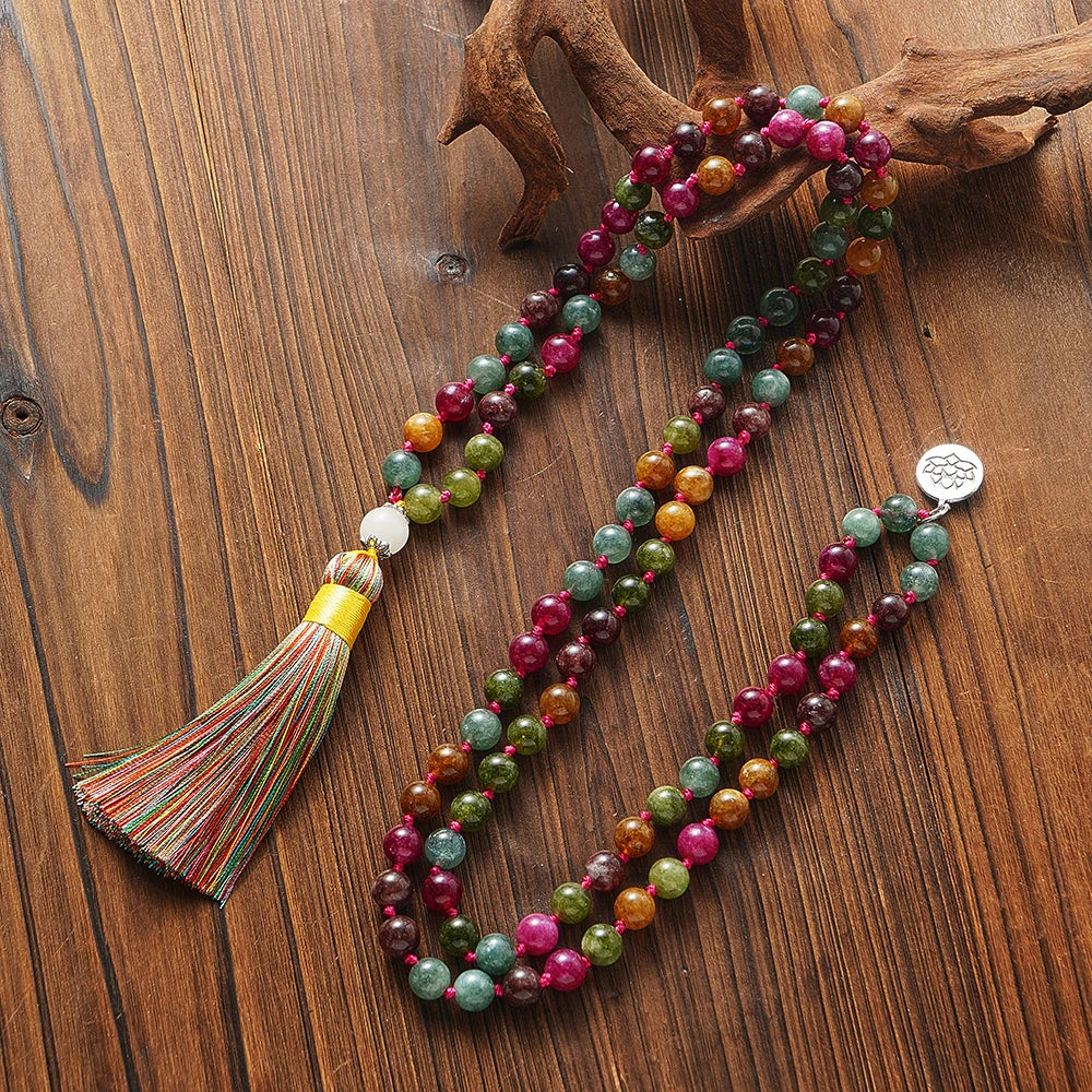 🌈 Bunte Turmalin-Mala-Kette – 108 Perlen für Meditation &amp; Gebetsschmuck