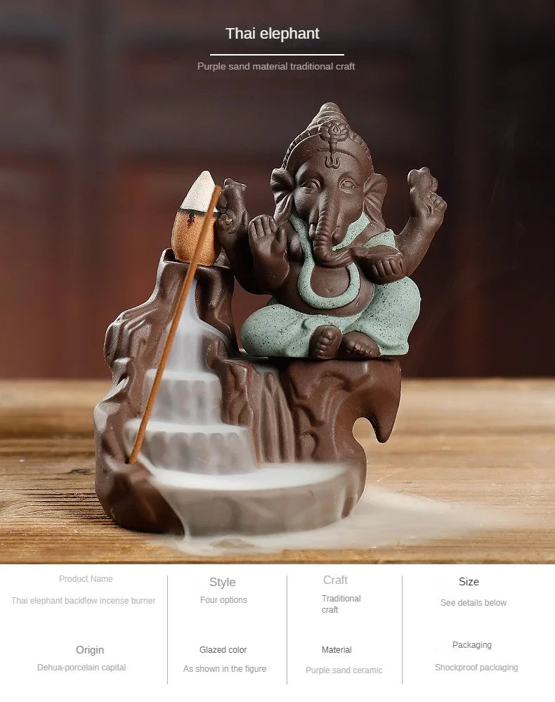 Rückfluss-Räuchergefäß „Elefant &amp; Ganesha“ – Zen-Dekor aus Keramik für Zuhause &amp; Teezeremonie