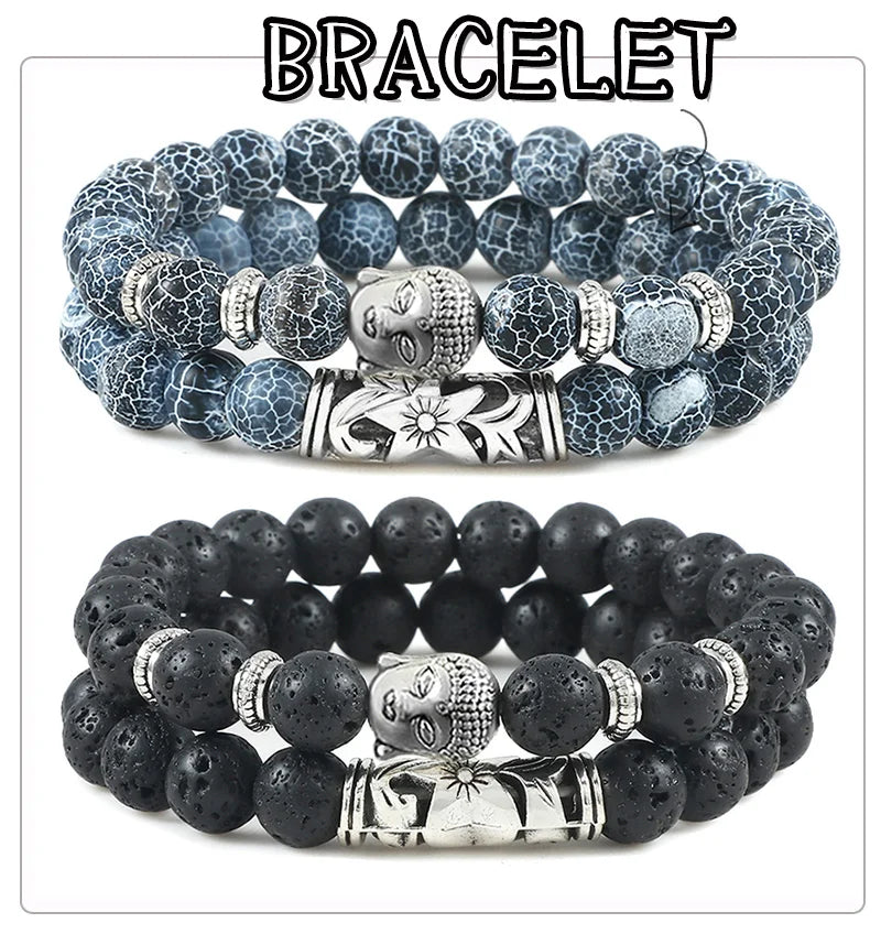 2er-Set Buddha-Armbänder – Tigerauge &amp; Lavastein für Paare (8 mm Perlen)