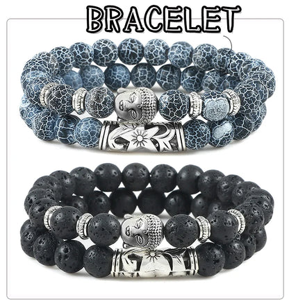 2er-Set Buddha-Armbänder – Tigerauge &amp; Lavastein für Paare (8 mm Perlen)