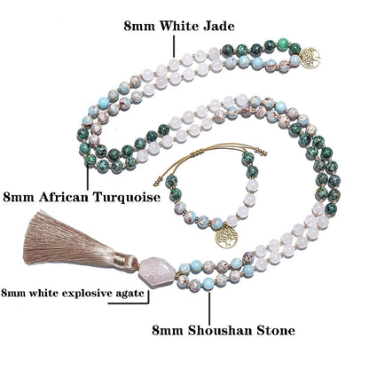 Weiße Steine &amp; Afrikanischer Türkis Mala – 108 Perlen Knotenmeditationskette