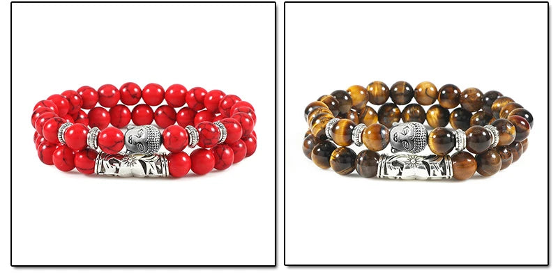 2er-Set Buddha-Armbänder – Tigerauge &amp; Lavastein für Paare (8 mm Perlen)