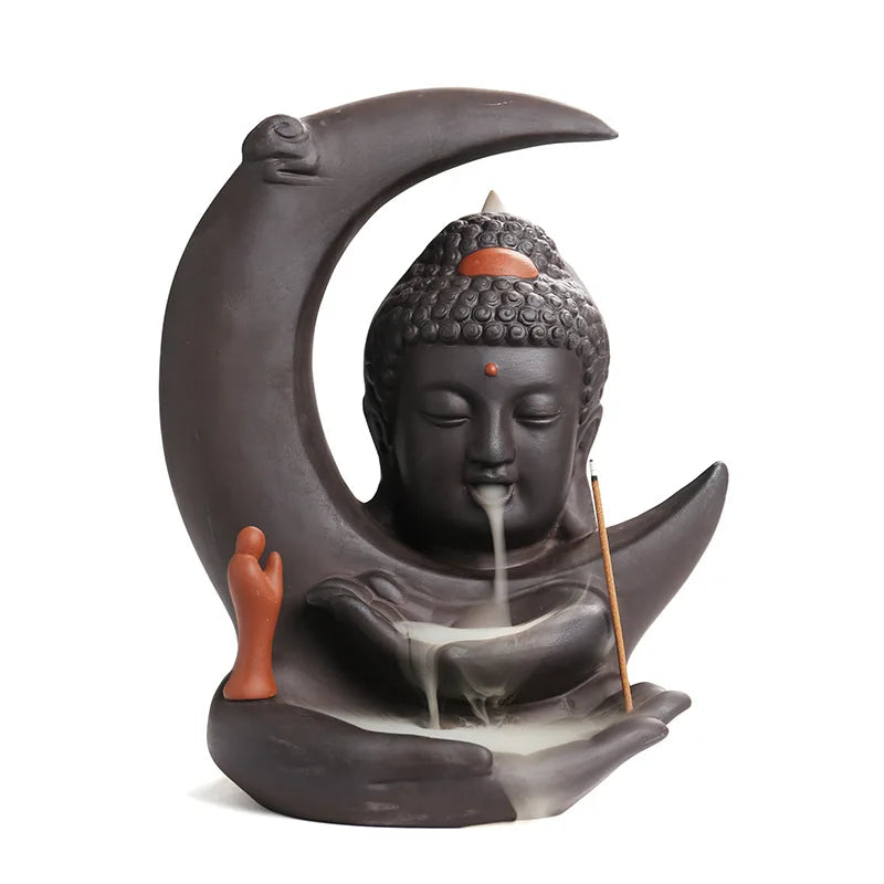 🌙 Handgefertigter Räuchergefäß aus lila Ton mit Mond- &amp; Buddha-Design 🧘‍♀️