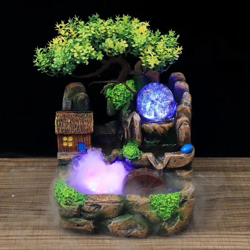 LED Feng Shui Zimmerbrunnen mit Glücksrad &amp; Nebler – Tischdeko für Zuhause &amp; Büro