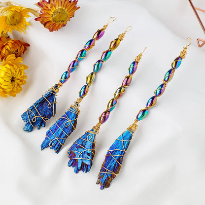 🖤 Kristallbesen mit Schwarzem Turmalin – Aura Blaze Feder in Blau (12–14 cm)