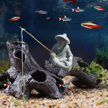 🌿 Mini Fischer Statue – Asiatische Zen Sandstein Aquarium- &amp; Gartendekoration
