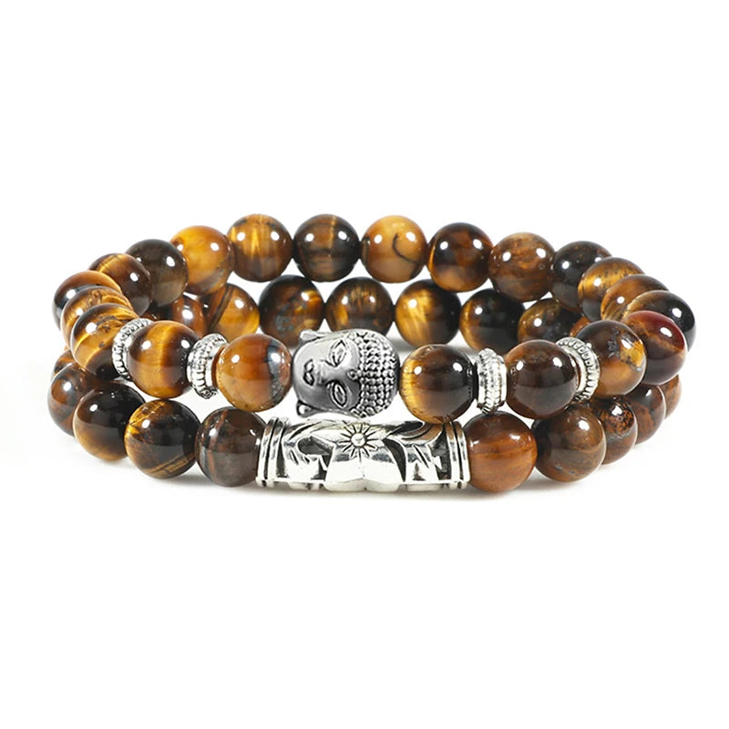 2er-Set Buddha-Armbänder – Tigerauge &amp; Lavastein für Paare (8 mm Perlen)