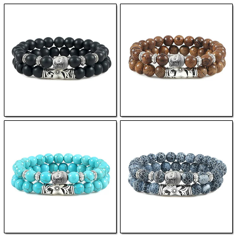 2er-Set Buddha-Armbänder – Tigerauge &amp; Lavastein für Paare (8 mm Perlen)