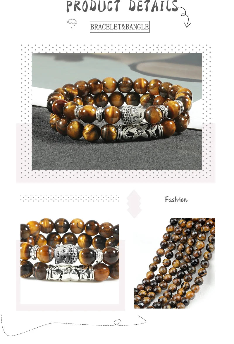 2er-Set Buddha-Armbänder – Tigerauge &amp; Lavastein für Paare (8 mm Perlen)