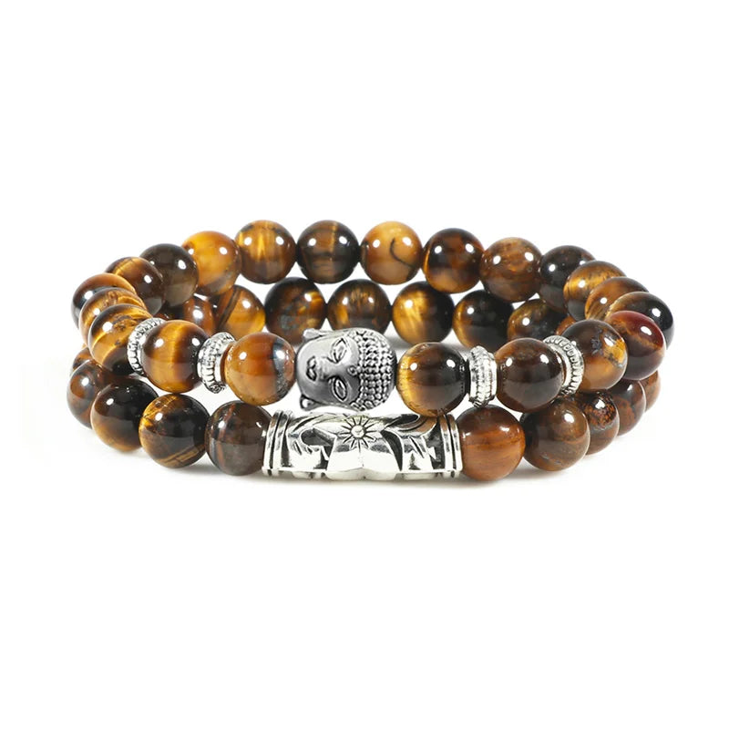 2er-Set Buddha-Armbänder – Tigerauge &amp; Lavastein für Paare (8 mm Perlen)