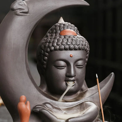 🌙 Handgefertigter Räuchergefäß aus lila Ton mit Mond- &amp; Buddha-Design 🧘‍♀️