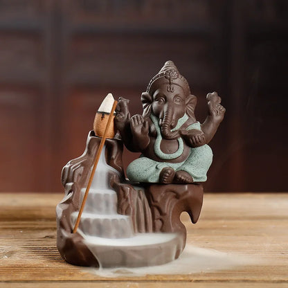 Rückfluss-Räuchergefäß „Elefant &amp; Ganesha“ – Zen-Dekor aus Keramik für Zuhause &amp; Teezeremonie
