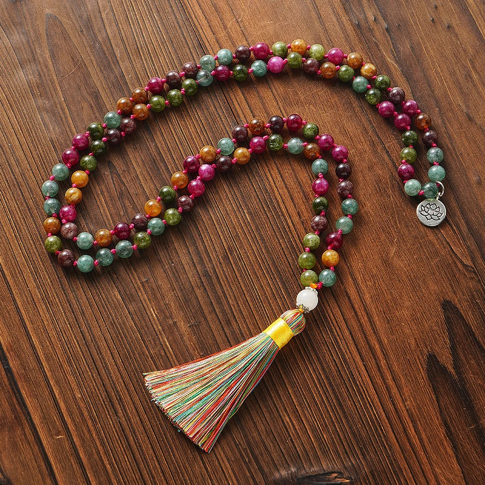 🌈 Bunte Turmalin-Mala-Kette – 108 Perlen für Meditation &amp; Gebetsschmuck