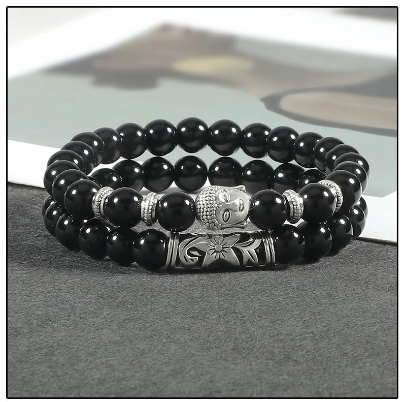 2er-Set Buddha-Armbänder – Tigerauge &amp; Lavastein für Paare (8 mm Perlen)