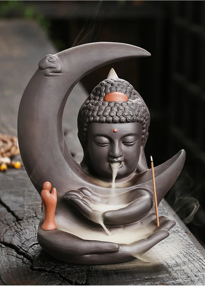 🌙 Handgefertigter Räuchergefäß aus lila Ton mit Mond- &amp; Buddha-Design 🧘‍♀️